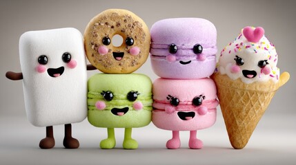 Obraz premium Cute and colorful cartoon characters representing various desserts, including ice cream cone, macarons, donut, and marshmallow, showcasing a joyful and playful atmosphere in a whimsical style
