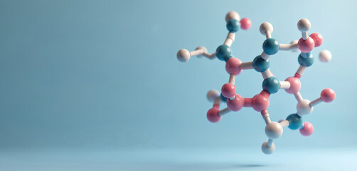 3D model of nicotinamide, vitamin B3, molecular structure with atoms color coded. Used in dermatology for skincare, acne treatment, inflammation reduction. Essential compound for skin health,