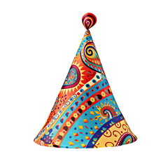 Festive Hat: A vibrantly colored, artistic party hat, adorned with intricate patterns and a playful bobble at its peak, is a symbol of joy and celebration.