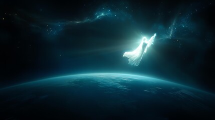 A celestial figure floats gracefully in the cosmos, embodying spirituality and wonder.
