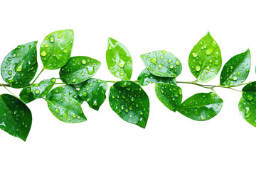 Vibrant green leaves with water droplets on a branch isolated on transparent background