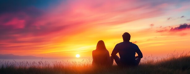 A couple enjoys a romantic sunset view, surrounded by vibrant colors in the sky.