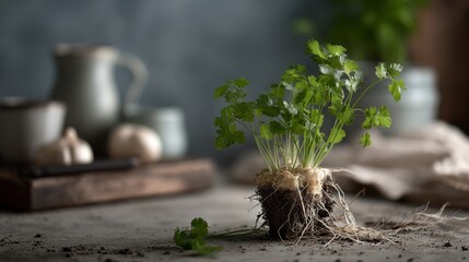 Fototapeta premium Fresh cilantro plant with roots on rustic table blurred background shows garlic pottery