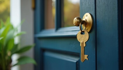 Gold key in brass lock on dark blue front door. Rich green plants in soft focus background. Welcoming entrance symbolising homeownership, new beginnings and property security.