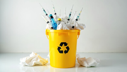 Yellow biohazard bucket overflowing with used medical syringes, crumpled tissues. Features recycling symbol indicating proper disposal management. Clean indoor setting highlights healthcare waste