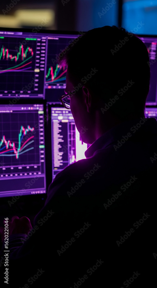 Canvas Prints silhouette of person viewing financial charts on multiple computer screens, illuminated by purple li