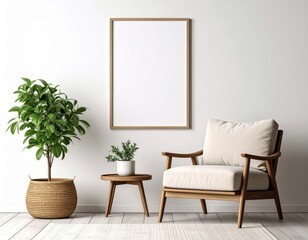 A minimalist living room scene featuring a comfortable armchair, a small side table with a potted plant, and a large framed blank picture on a white wall, co...