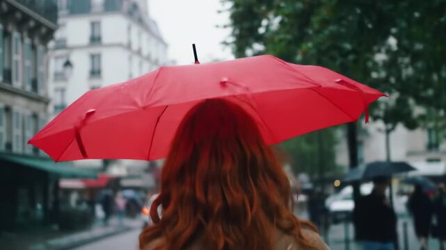 Woman with red umbrella in rainy city