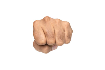 front view of male hand fist punch gesture isolated on white background