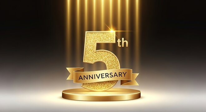 Golden glittery five displayed on round stage celebrates a 5th milestone moment
