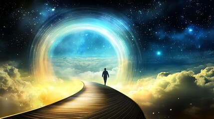 Naklejka premium A person walking towards a bright portal in a dreamlike cosmic landscape.