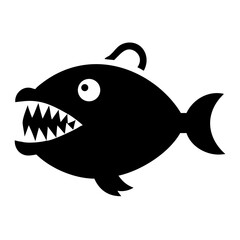 Simple black and white illustration of a cartoon piranha with sharp teeth