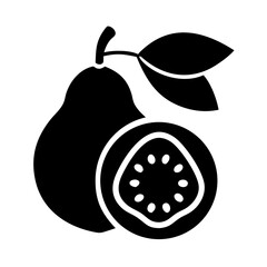 Simple Black Guava Fruit Icon with Sliced Half Revealing Seeds