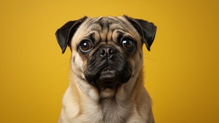 Confused pug with tilted head, question mark expression, yellow background