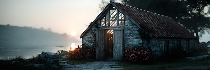 Rustic Barn by the Lakeside at Sunrise with Blooming Flowers
