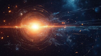 Interplanetary data relay interface with spacecraft path arcs, signal transmission beams between planets, and cosmic environment overlay