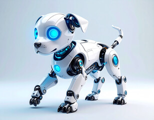 Futuristic Robotic Puppy with Bright Blue Glowing Eyes and Articulated Limbs