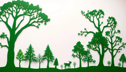 Obraz premium Intricate green paper cut tree silhouettes on white backdrop, card, woodland