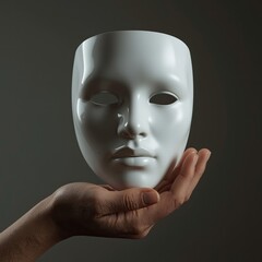 A hand elegantly holds a blank, white mask, symbolizing identity and self-expression in a minimalist setting.