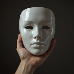 A close-up of a person holding a white ceramic mask that depicts a serene face against a dark background.