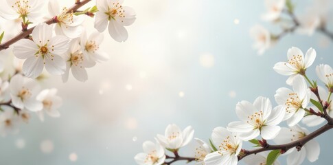 Fototapeta premium Delicate white blossoms frame a spring border against a soft background , pastel, image, art