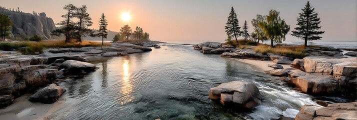 Peaceful Sunrise Over Rocky Shoreline With Gentle Water Flow