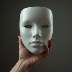 A female hand holds a white mask, symbolizing identity and emotion against a dark background.