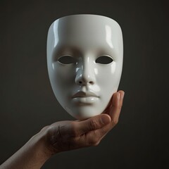 A hand holds a pristine white mask, symbolizing identity and expression against a dark, moody background.