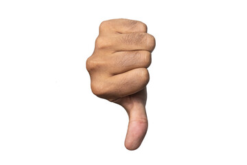 front view of male hand thumb down gesture isolated on white background. dislike concept