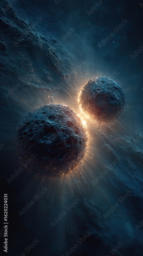 Poster binary asteroid pair orbiting in dark nebula