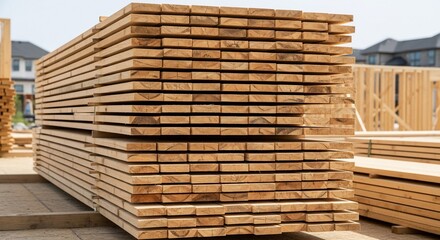Stacked Lumber at Construction Site with Houses in Background