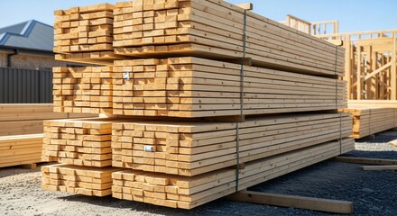 Stacked Lumber and Wood Framing at Construction Site Under Blue Sky
