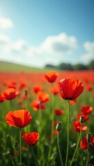Fototapeta premium Field of vibrant red poppies swaying gently in the breeze, sunny day, countryside, landscape