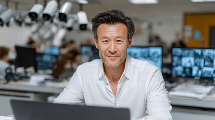 Fototapeta premium Male professional in white shirt, seated at desk with laptop, surrounded by multiple computer screens displaying images, showcasing a modern workspace and collaborative environment