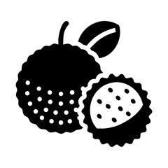 Black and white illustration of a whole and halved rambutan fruit