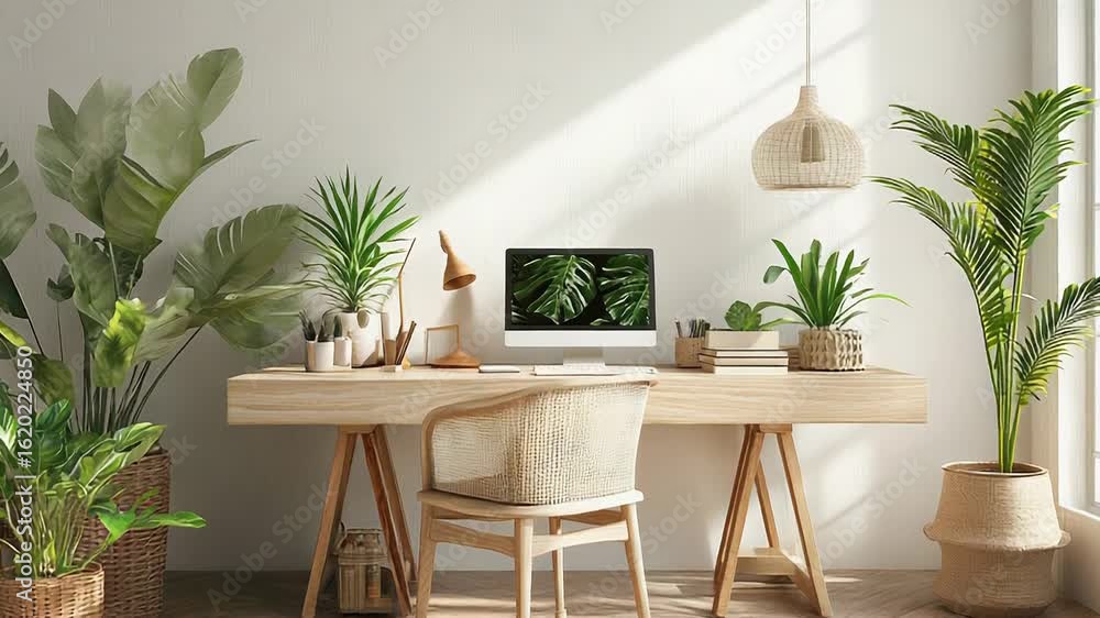 Poster home office desk with computer and plants creating relaxing atmosphere