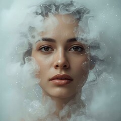 A captivating young woman with olive skin emerges from ethereal white smoke, exuding a serene and enigmatic aura.