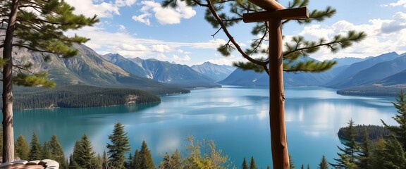 Serene mountain lake vista from secluded terrace, scenic, outdoor