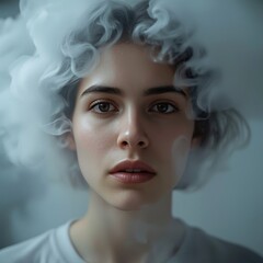A serene young woman with wavy hair surrounded by a soft, smoky haze, capturing a moment of contemplation.