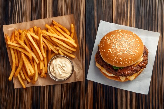 Burger and fries placed neatly with left side free for overlaying advertising words or logo