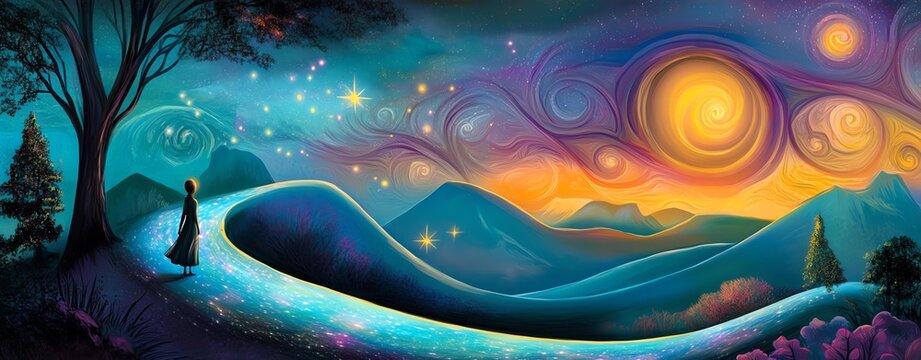 A vibrant, surreal landscape depicting wonder and peaceful introspection at sunset.