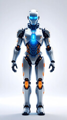 Fototapeta premium Futuristic humanoid robot standing with glowing blue eyes and chest