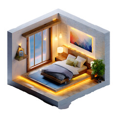 Cozy Bedroom: A charming, isometric view of a bedroom with natural light. A tranquil sanctuary of comfort.