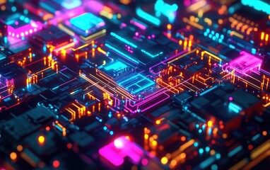 Obraz premium A macro view of a blue printed circuit board with glowing fiber optics and intricate electronic chips, reflecting the essence of modern technology and engineering