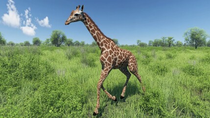 Giraffe Galloping Through Bright Open Grassland