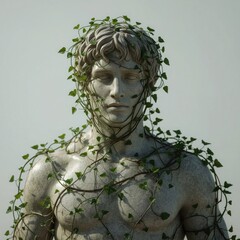 A serene male statue draped in ivy, symbolizing the beauty of nature reclaiming art.