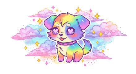 Rainbow Pixel Art Puppy in Pastel Clouds