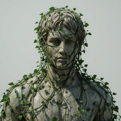 A male statue, entwined with lush green vines, symbolizes the connection between nature and humanity.