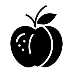Stylized Icon of a Peach with Leaves and Stem in Black and White