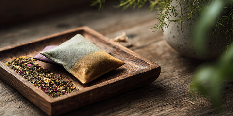 Herbal Tea Blend with Dried Flowers and Leaves in Wooden Tray


